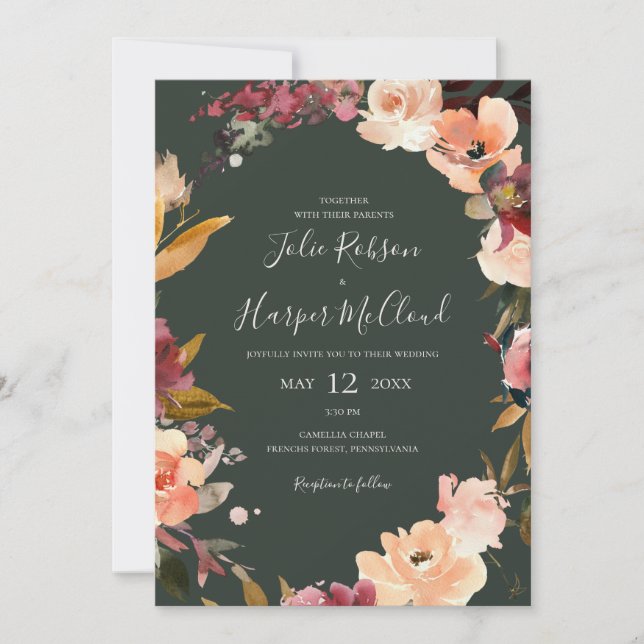 Burgundy Orange Floral | Green All In One Wedding Invitation (Front)