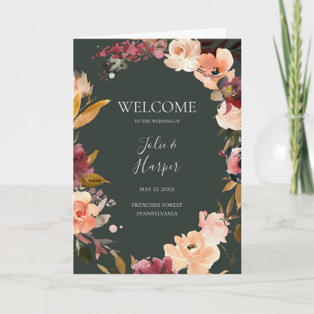 Burgundy Orange Floral | Green Folded Wedding Programme (Front)