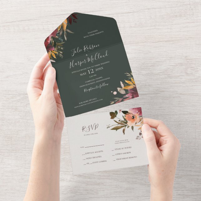 Burgundy Orange Floral | Green Seal And Send All In One Invitation (Tearaway)