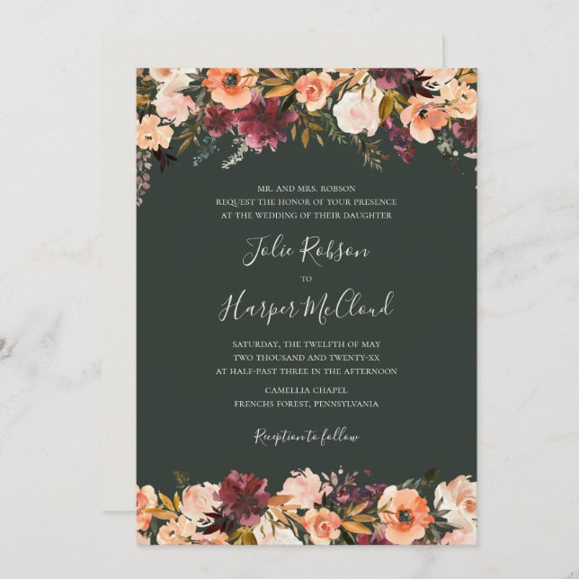 Burgundy Orange Floral | Green Traditional Wedding Invitation (Front/Back)