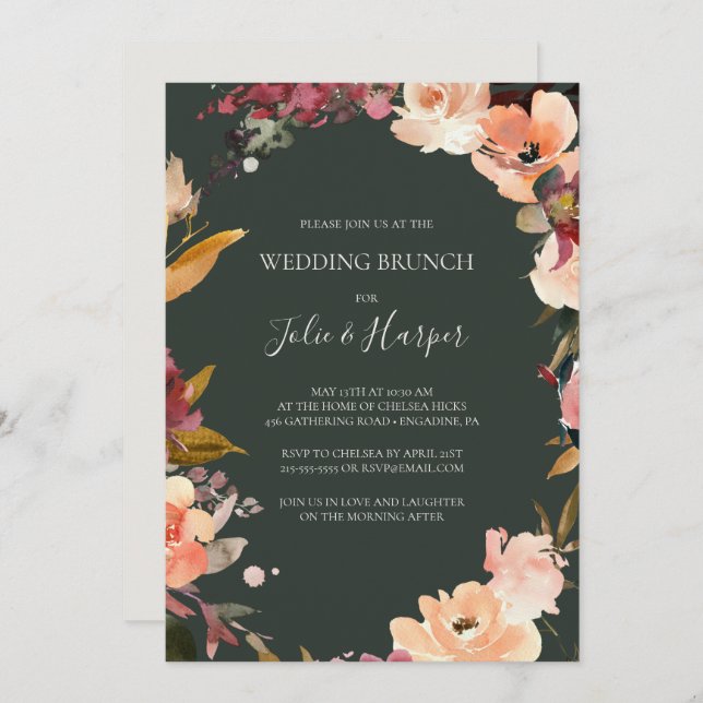 Burgundy Orange Floral | Green Wedding Brunch Invitation (Front/Back)