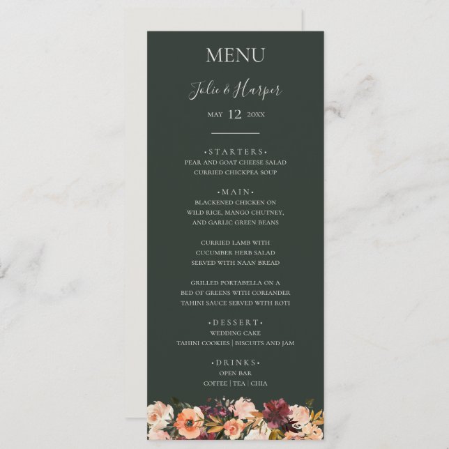 Burgundy Orange Floral | Green Wedding Dinner Menu (Front/Back)