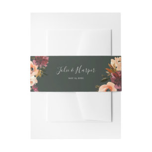 Burgundy Orange Floral Green Wedding Invitation Belly Band