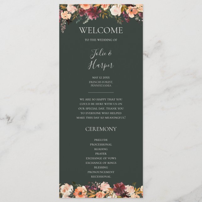 Burgundy Orange Floral | Green Wedding Program Programme (Front)