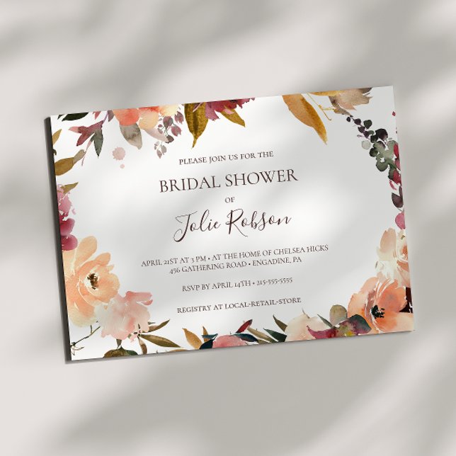 Burgundy Orange Floral Horizontal Bridal Shower Invitation (Creator Uploaded)