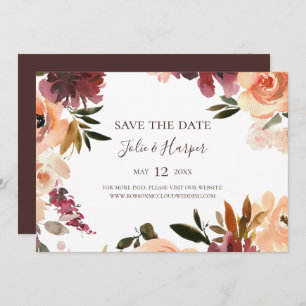 Burgundy Orange Floral Horizontal Save the Date