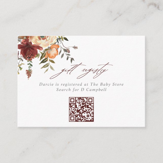 Burgundy & Orange Floral QR Code Gift Registry Enclosure Card (Front)