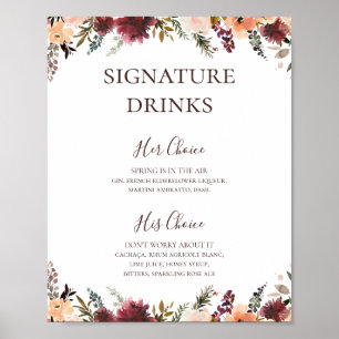 Burgundy Orange Floral Signature Drinks Sign