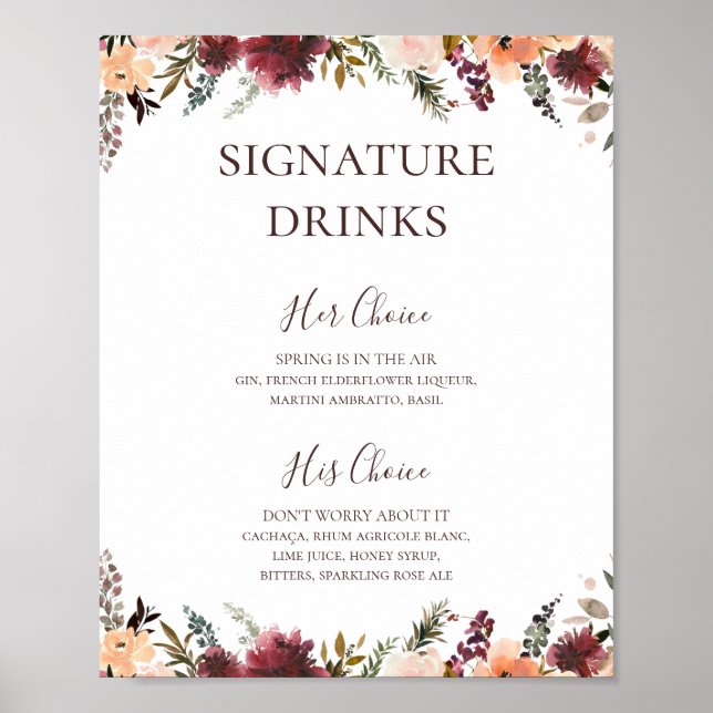 Burgundy Orange Floral Signature Drinks Sign (Front)