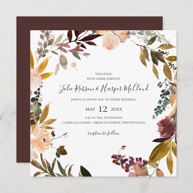 Burgundy Orange Floral | Square Wedding Invitation (Front/Back)