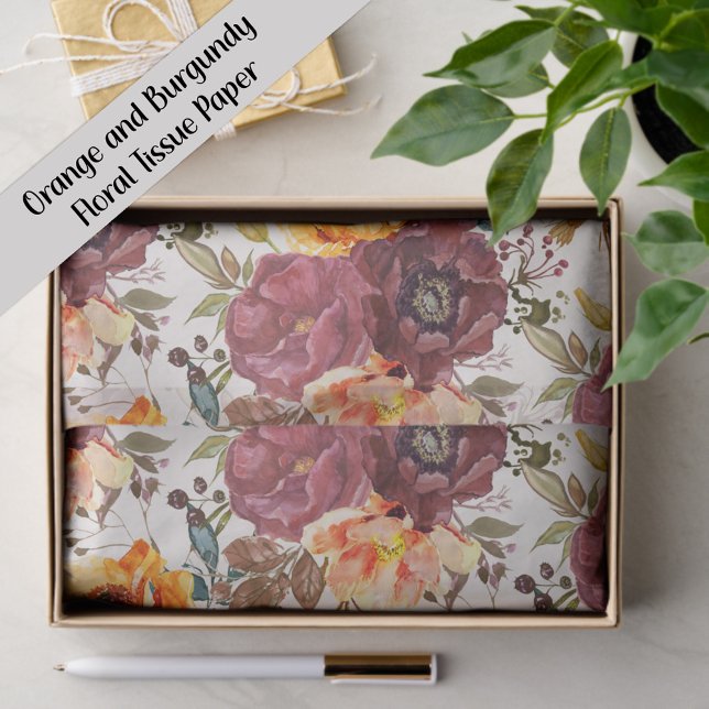 Burgundy Orange Floral  Tissue Paper (Orange and burgundy watercolor floral gift wrapping tissue paper)