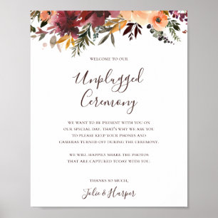 Burgundy Orange Floral Unplugged Ceremony Sign