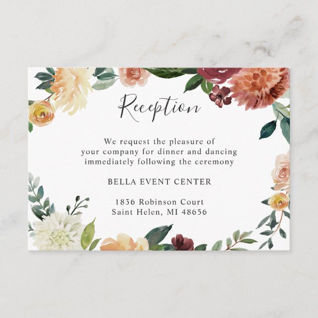 Burgundy Orange Floral Wedding Details Reception Enclosure Card (Front)