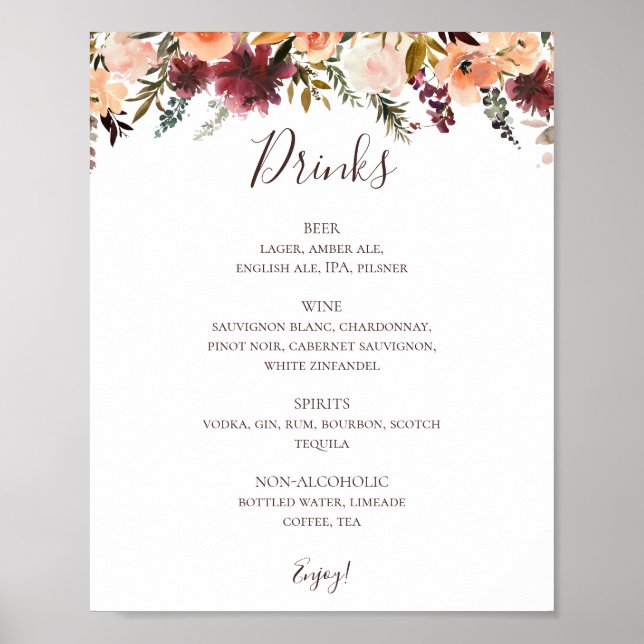Burgundy Orange Floral Wedding Drinks Menu Sign (Front)