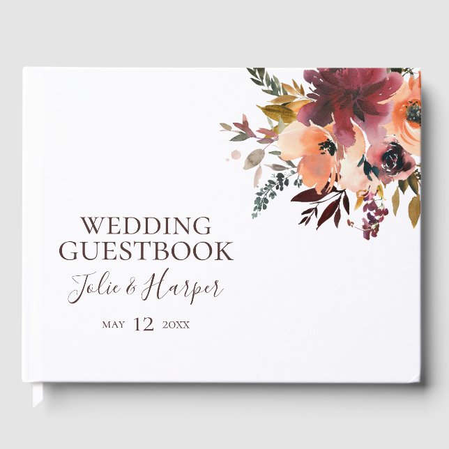 Burgundy Orange Floral Wedding Guest Book (Front)