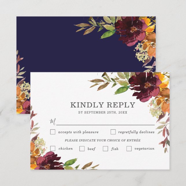 Burgundy Orange Floral Wedding Meal Choice RSVP Card (Front/Back)