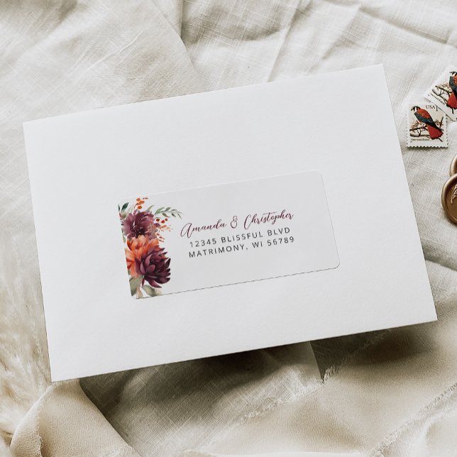 Burgundy Orange Floral Wedding RSVP Address Label (Creator Uploaded)