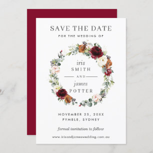 Burgundy Orange Floral Wedding Save the Date Card