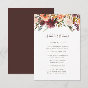 Burgundy Orange Floral Wedding Schedule of Events Enclosure Card
