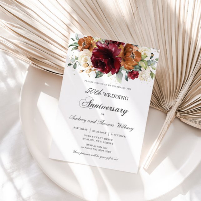 Burgundy Orange Ivory Floral Wedding Anniversary Invitation (Creator Uploaded)