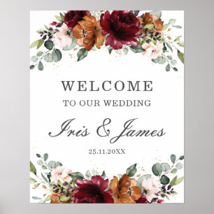 Burgundy Orange Ivory Floral Wedding Welcome Sign