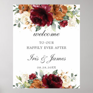 Burgundy Orange Ivory Floral Wedding Welcome Sign