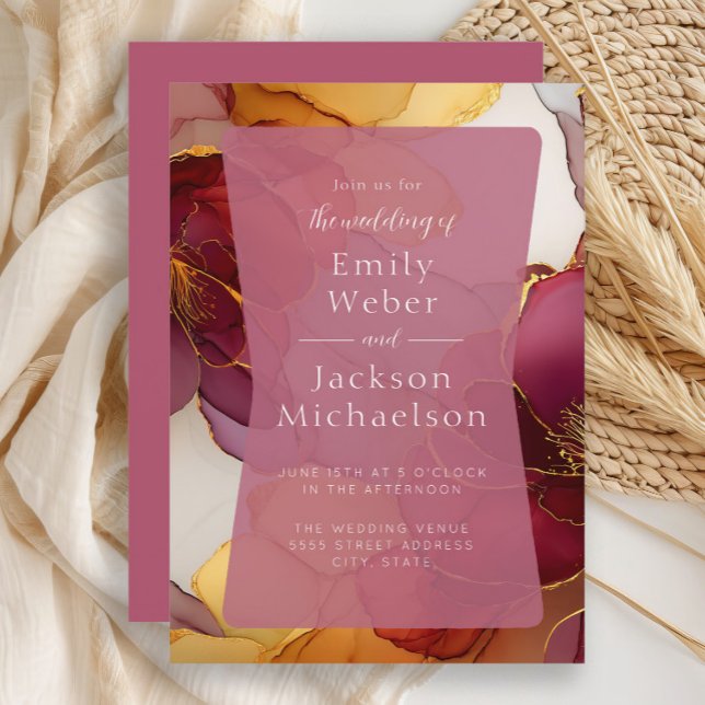 Burgundy Orange Jewel Tone Alcohol Ink Wedding Invitation (Burgundy and orange  alcohol ink wedding invitation)