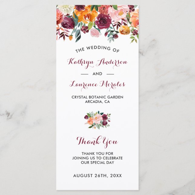 Burgundy Orange Pink Flowers Wedding Program Programme (Front)