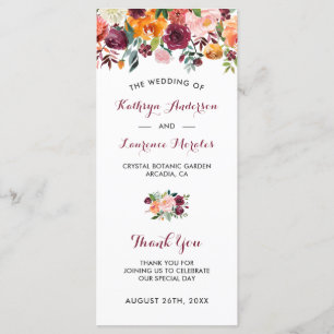 Burgundy Orange Pink Flowers Wedding Program Programme