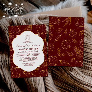 Burgundy Orange Pumpkin Leaves Thanksgiving Dinner Invitation
