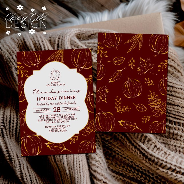 Burgundy Orange Pumpkin Leaves Thanksgiving Dinner Invitation (Creator Uploaded)