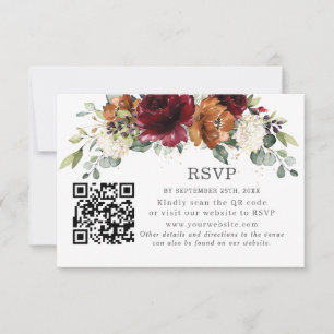 Burgundy Orange Rust Floral Wedding RSVP QR Code Card