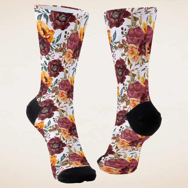 Burgundy Orange Rustic Autumn Floral Wedding Socks (Creator Uploaded)