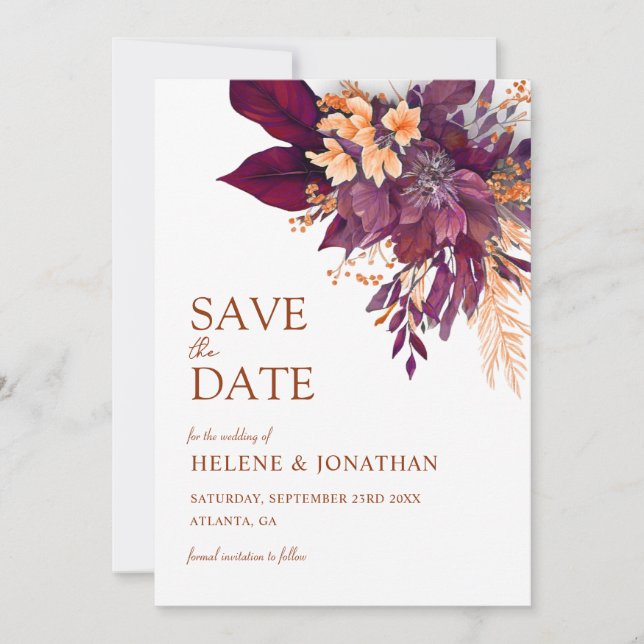 Burgundy Orange Terracotta Floral Elegant Wedding Save The Date (Front)