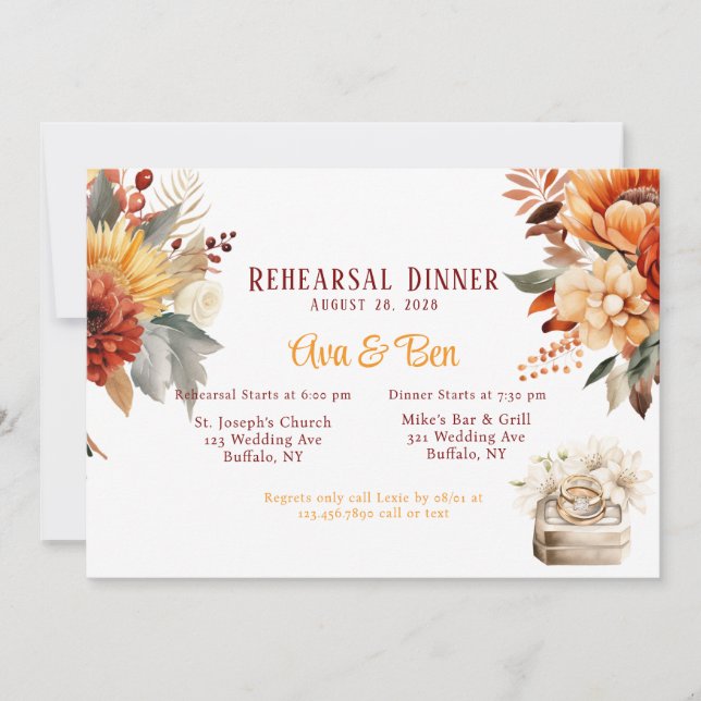 Burgundy Orange Wedding Ring Rehearsal Dinner Invitation (Front)
