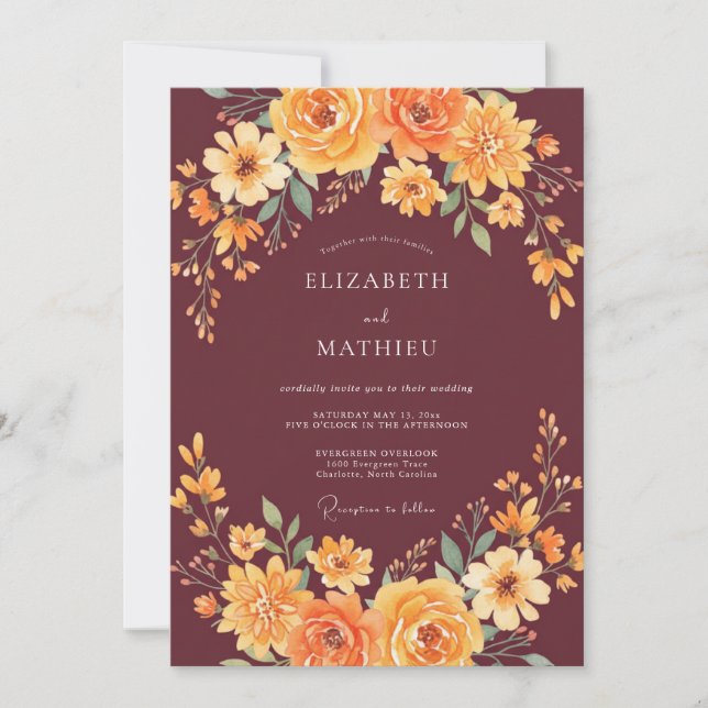 Burgundy Orange Wildflower Wedding Invitation (Front)