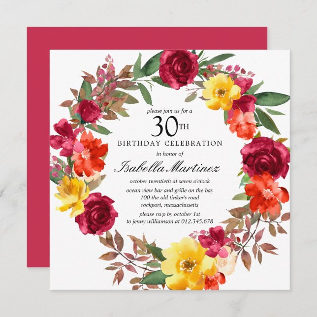 Burgundy Orange Yellow Floral Wreath 30th Birthday Invitation (Front/Back)