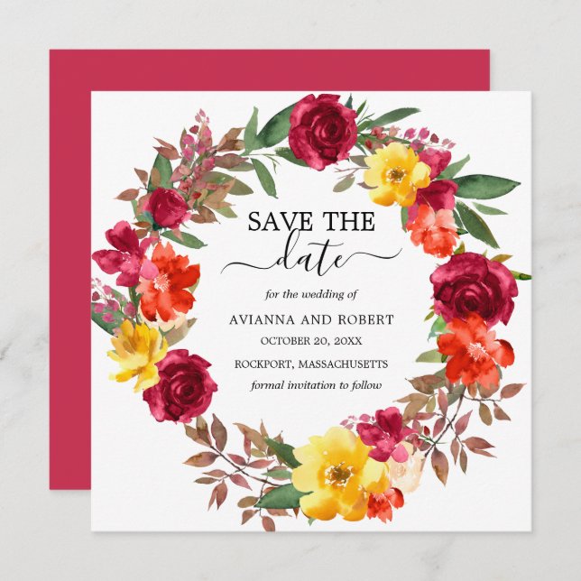 Burgundy Orange Yellow Floral Wreath Save The Date (Front/Back)