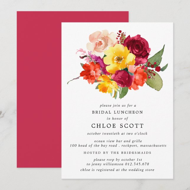 Burgundy Orange Yellow Pink Floral Bridal Luncheon Invitation (Front/Back)