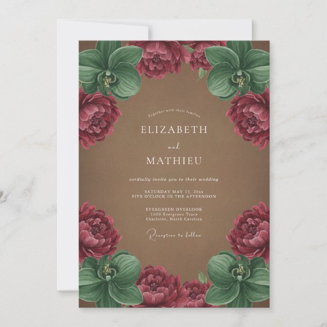 Burgundy Orchid Botanical Romance Wedding Invitation (Front)