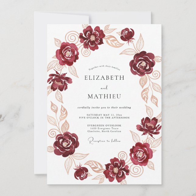 Burgundy Ornate Traditional Wedding Invitation (Front)