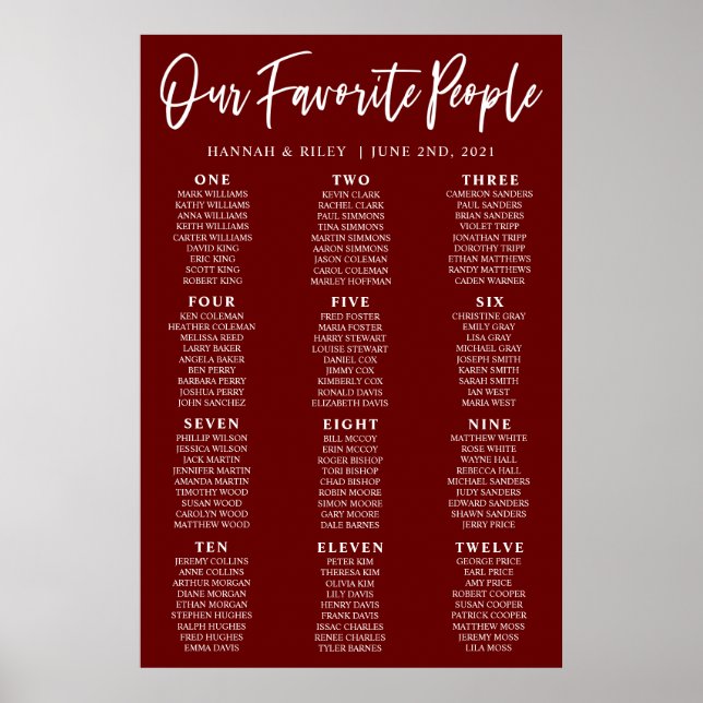 Burgundy Our Favourite People Wedding Seating Char Poster (Front)
