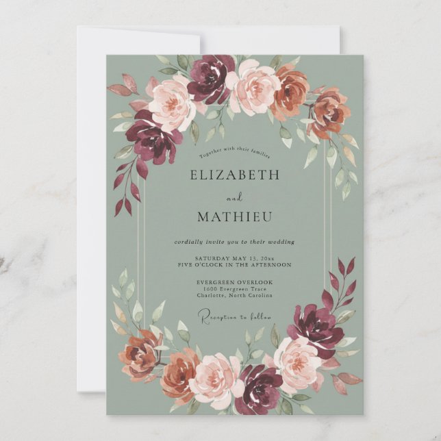 Burgundy Painterly Bloom Garland Wedding Invitation (Front)