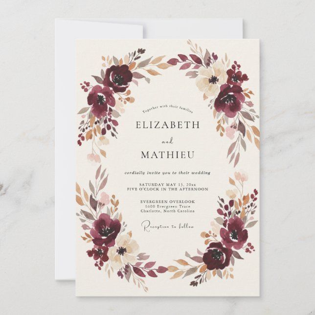 Burgundy Painterly Flourish Romance Wedding Invitation (Front)