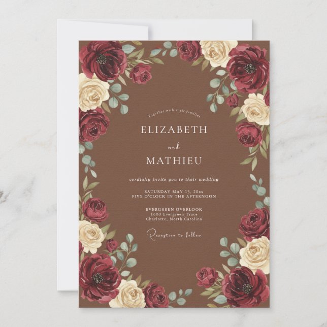 Burgundy Painterly Romantic Bloom Wedding Invitation (Front)