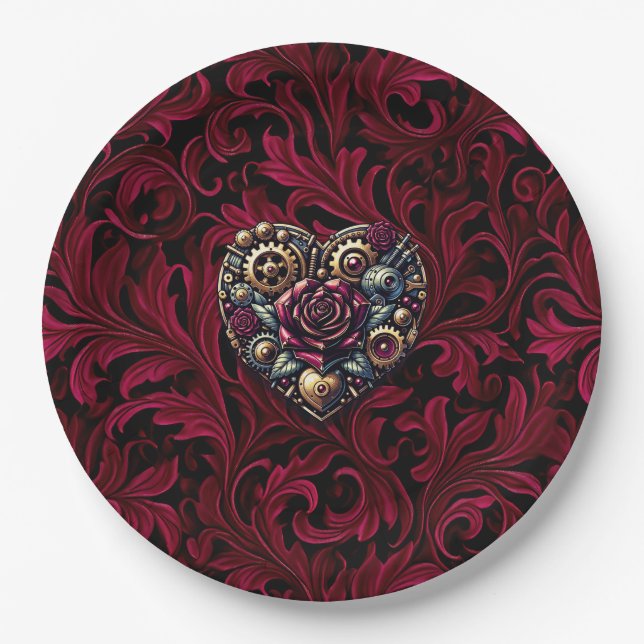Burgundy Paisley Steampunk Heart Wedding Paper Plate (Front)
