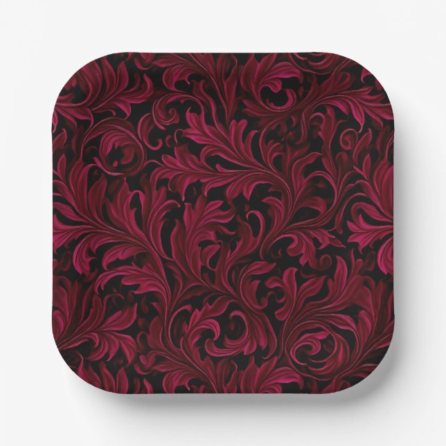 Burgundy Paisley Wedding Paper Plate (Front)