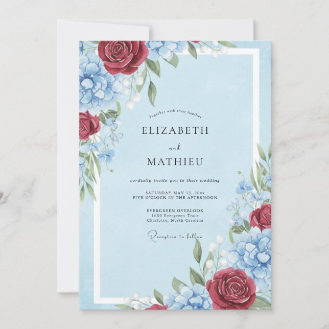 Burgundy Pale Blue Rose Classic Wedding Invitation (Front)