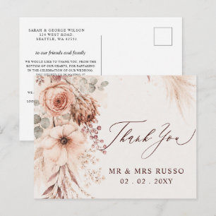 Burgundy Pampas Floral Fall Wedding Thank You Postcard