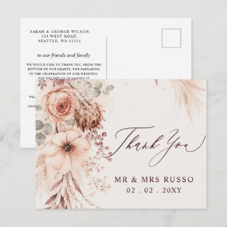 Burgundy Pampas Floral Fall Wedding Thank You Postcard